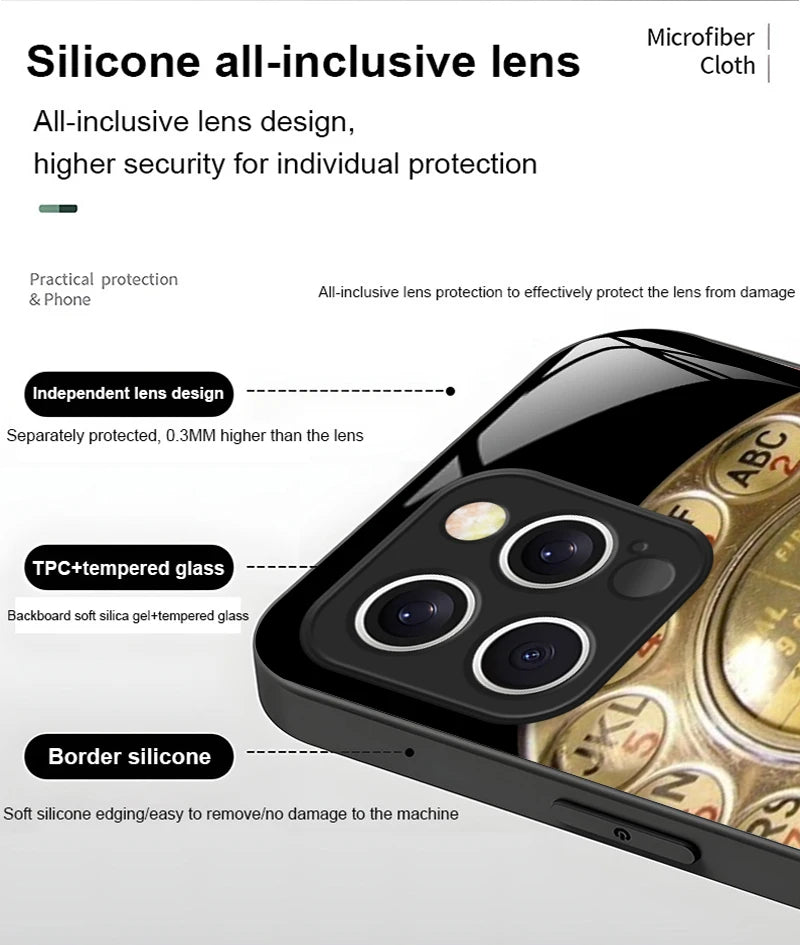 Funny Retro Rotary Dial Pattern Tempered Glass Phone Case for IPhone 17 16 Pro Max 16 15 14 Plus 13 12 Mini 11 X XS MAX XR Cover
