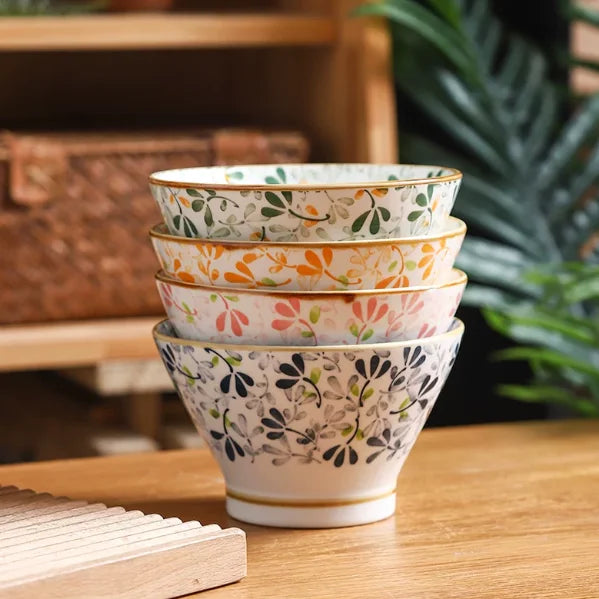 5 Inch Colorful Floral Ceramic Cone Bowls | Vintage Tableware