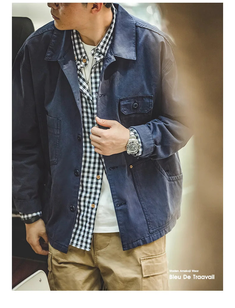 Men's Navy Heavyweight Multi-Pocket Vintage Jacket | Stylish & Durable