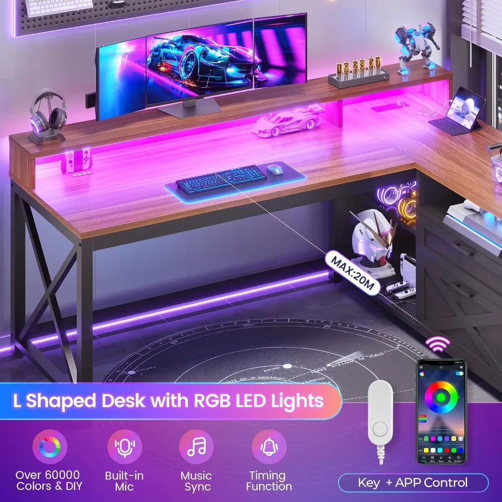 Versatile L Shaped Game Table with Drawers & LED Lights