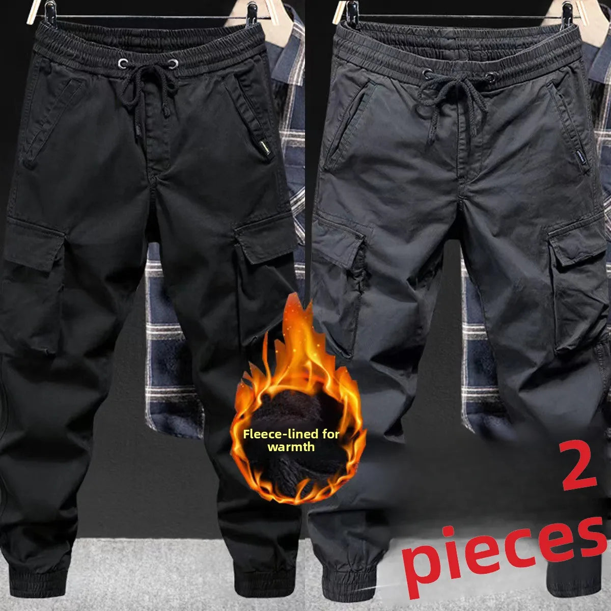 Men’s Autumn Winter Thickened Fleece Work Cargo Pants Loose Fit Wear Resistant Tear Proof Trousers with Multi Pockets