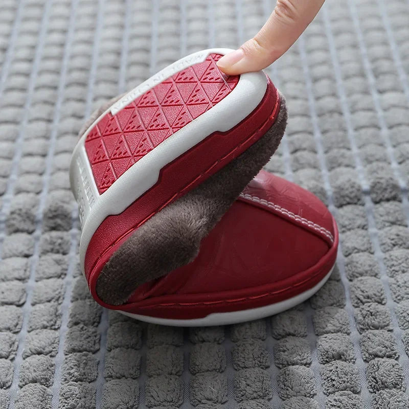 Men's Warm PU Leather Plush Slippers | Cozy Waterproof House Shoes