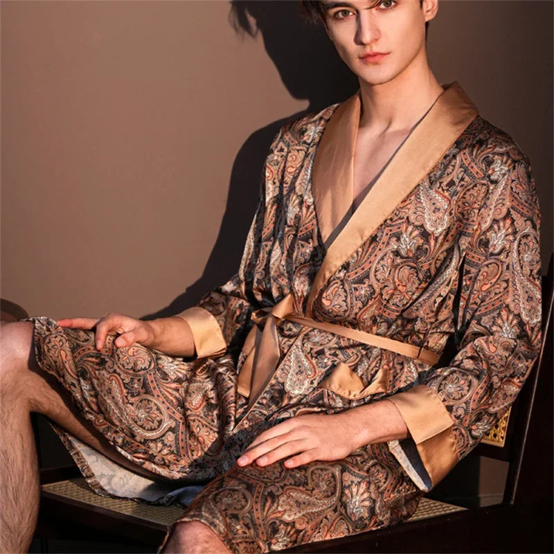 Spring Summer New Mens Robe Printed Bathrobe Kimono Gown Silky Satin Male Sleepwear Night Clothes Loose Casual Homewear Pajama