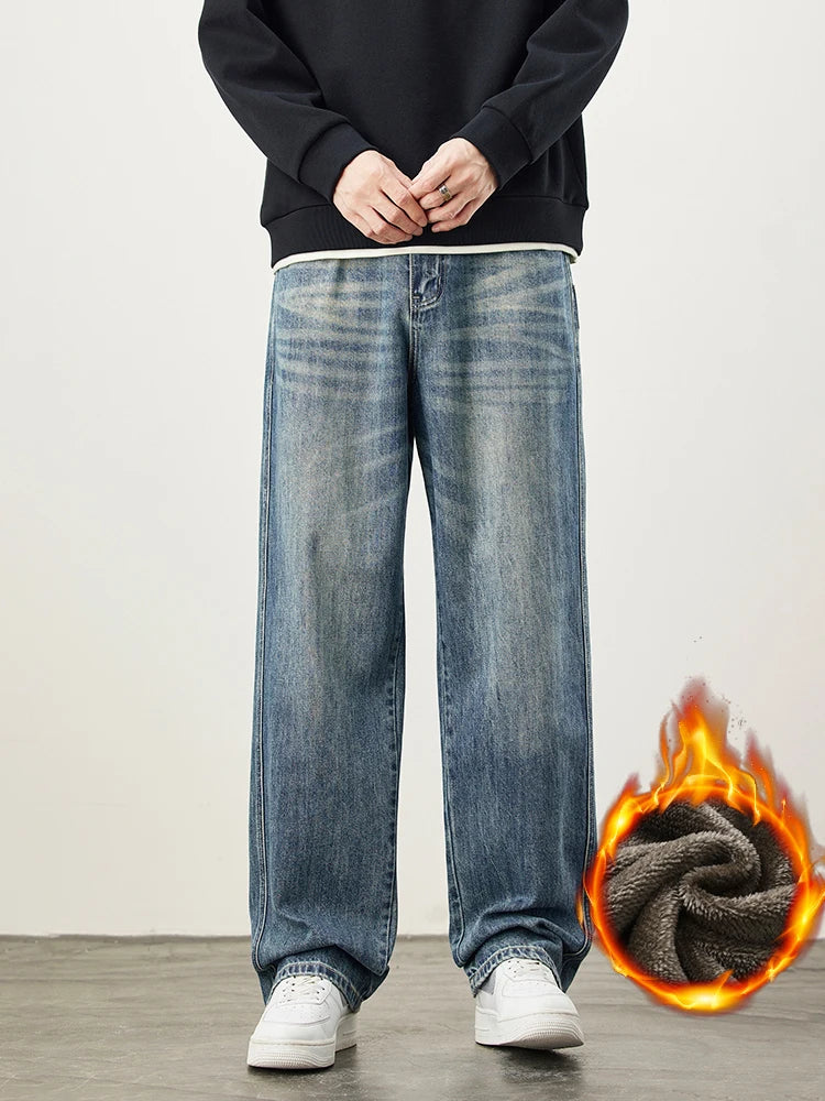 Wide-Leg Warm Fleece Jeans — Winter Thick Loose Straight Denim Pants for Men, Vintage Casual Velvet-Lined Korean Style Trousers