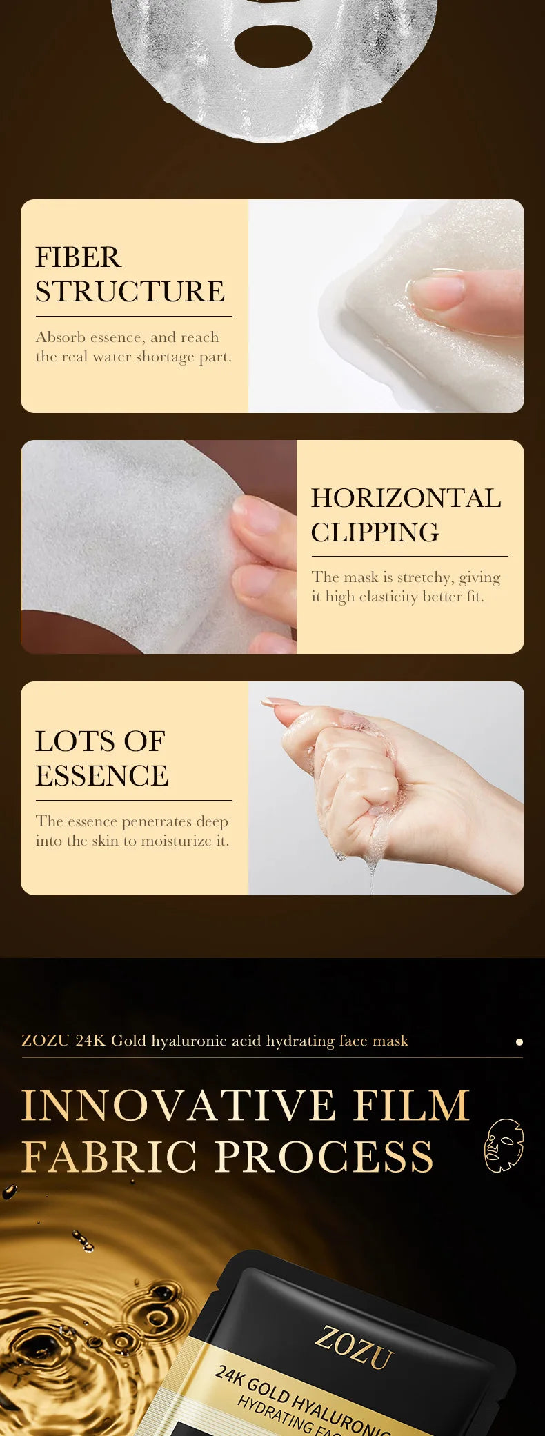 10pcs 24K Golden Hyaluronic Acid Face Masks for Glowing Skin