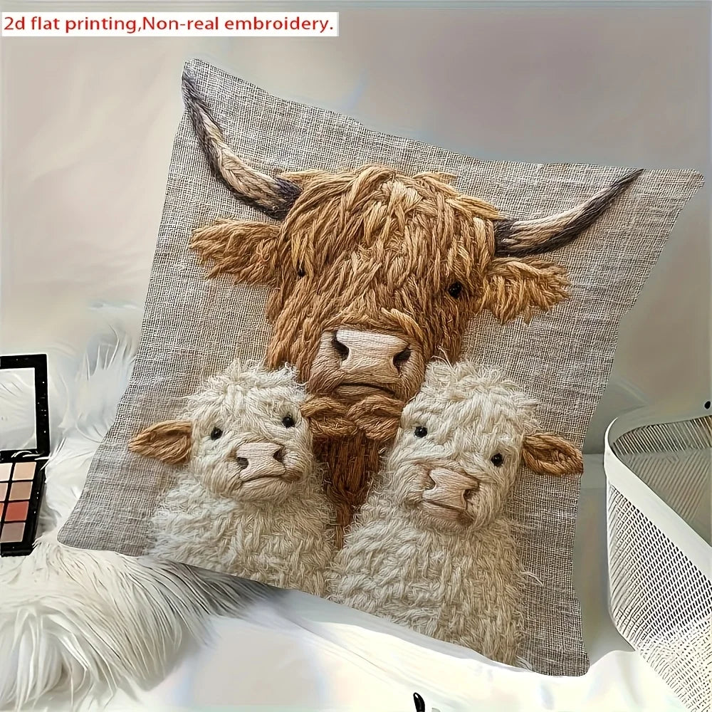 Retro Highland Cow Pillowcase | Decorative Home Design Cover