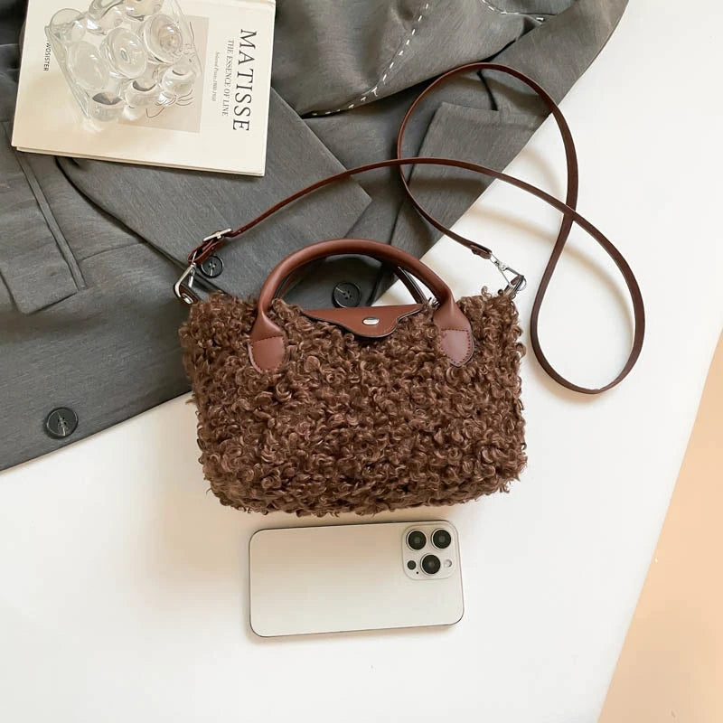 Women's Plush Shoulder Bag | Warm Fabric Handbag for Winter