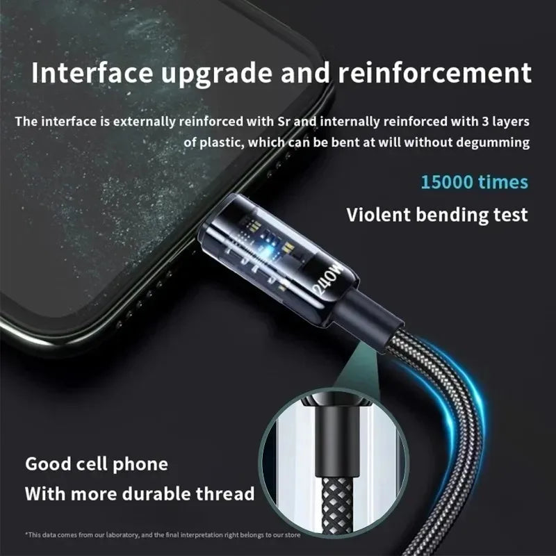 240W Nylon USB C PD Super Fast Charging Cable with LED Display