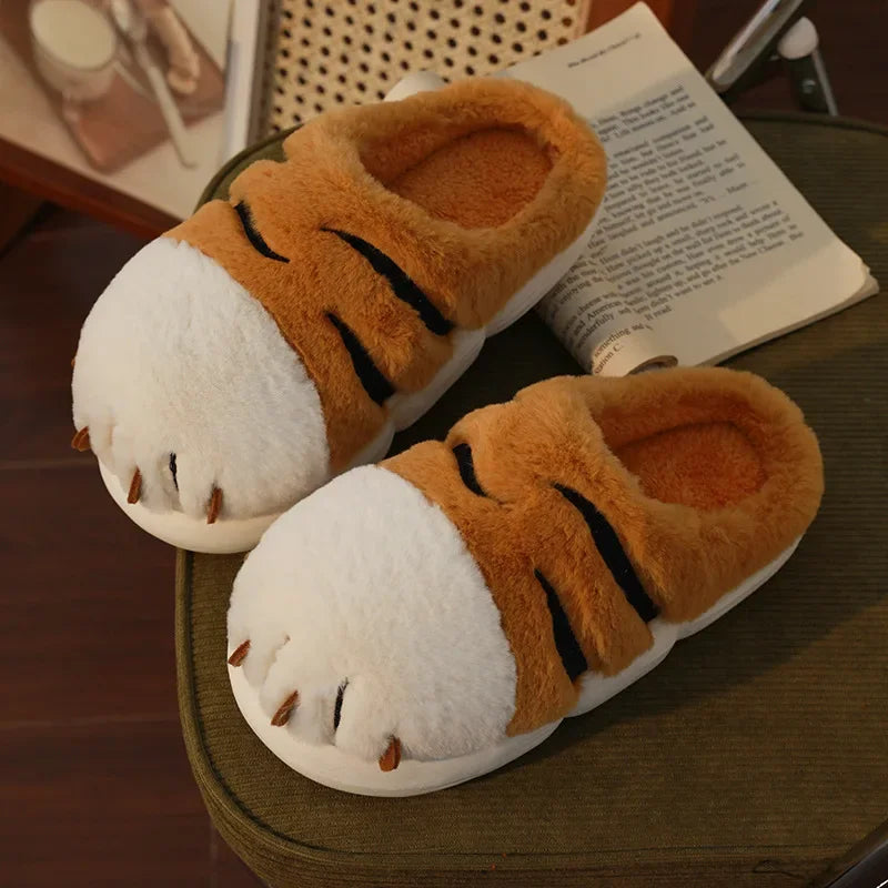 Cute Cartoon Tiger Paw Plush Slippers | Warm Indoor Slides for Cozy Comfort