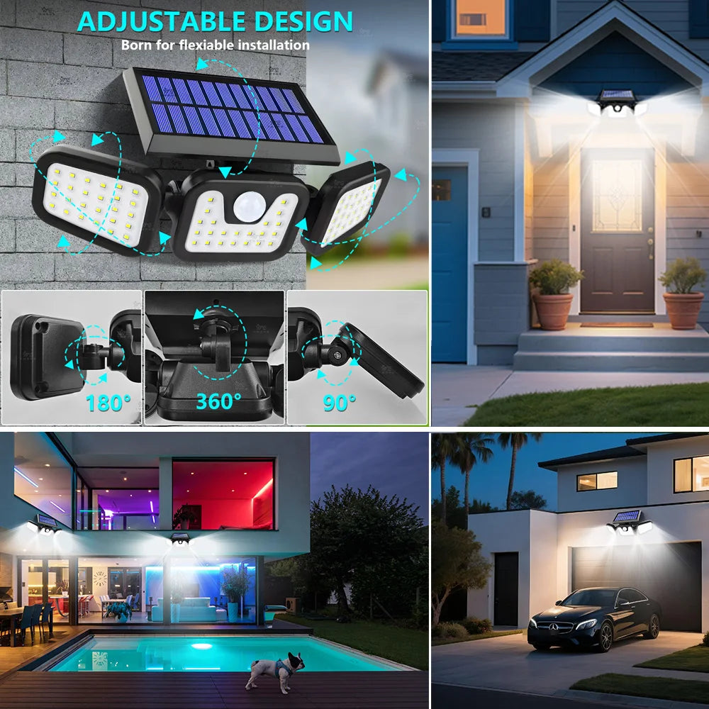 Luces solares ajustables de 3 cabezales | Lámparas de pared para exteriores con sensor de movimiento