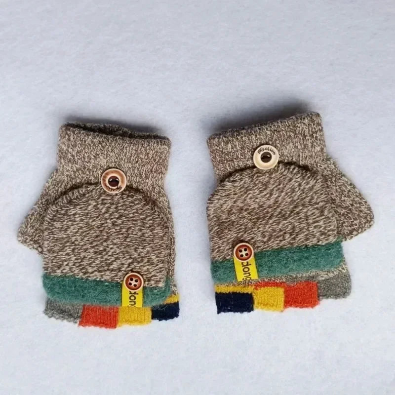 Kids Half Finger Flip Gloves | Warm Jacquard Design for Winter