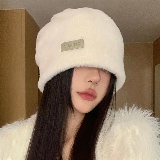 Gorro tipo beanie de felpa para mujer | Gorro de invierno de forro polar grueso y cálido