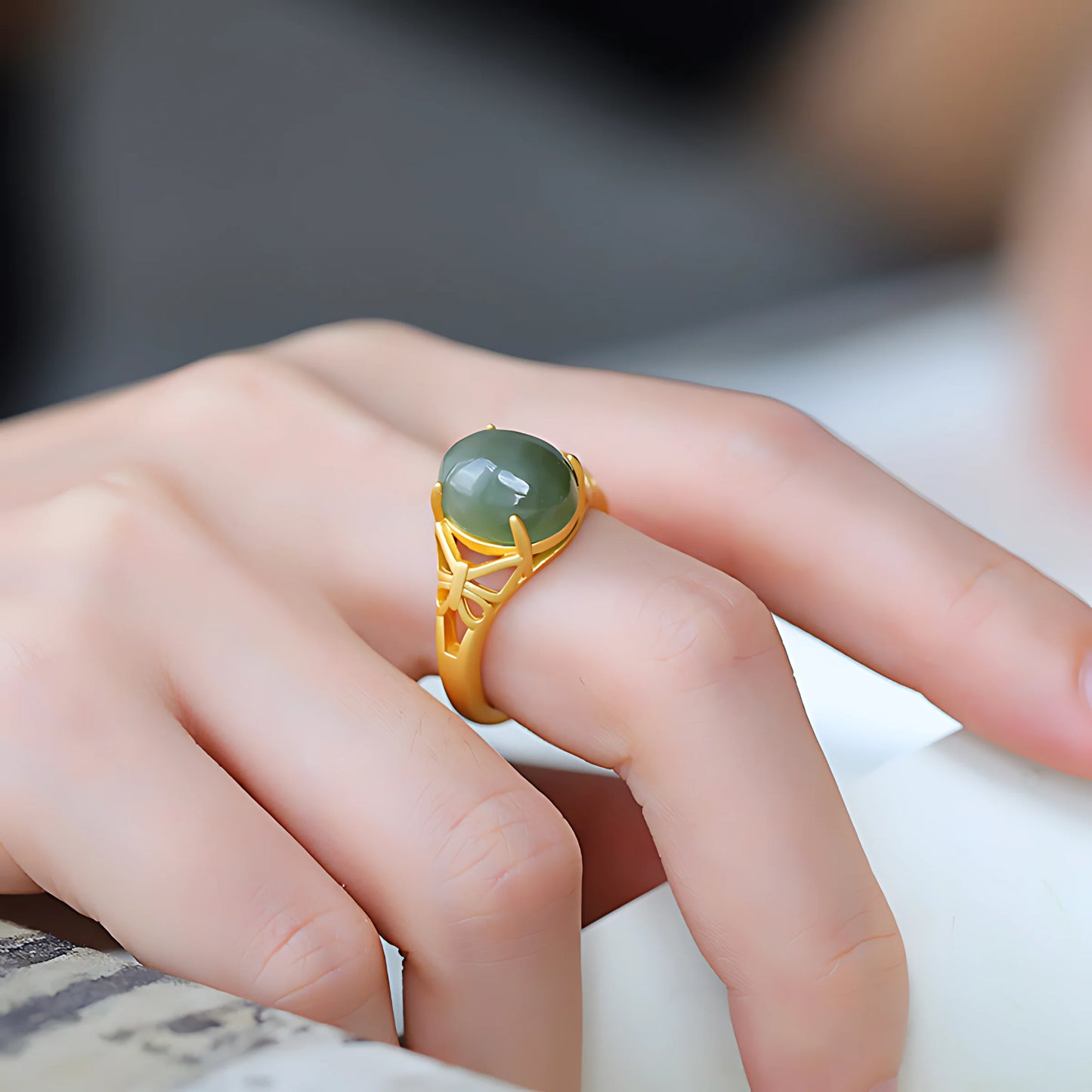 Adjustable Geometric Jade Ring for Women | Vintage Jewelry Gift
