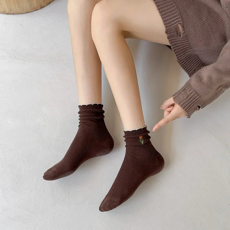 Women's Autumn Floral Embroidery Crew Socks | Cute Kawaii Style
