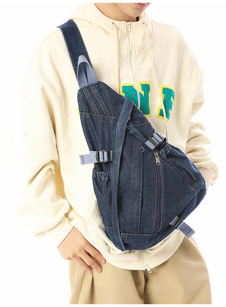 Vintage Washed Denim Sling Bag Man Woman Multifunction Retro Large Capacity Portable Motorcycle Chest Bag