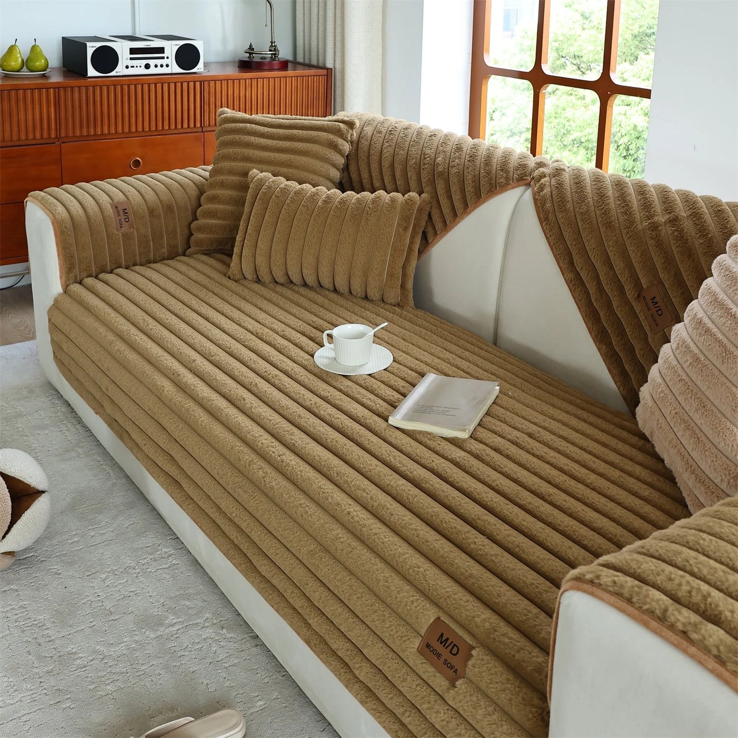 Stripe Imitation Rabbit Fur Plush Sofa Cover | Non-Slip Couch Slipcover