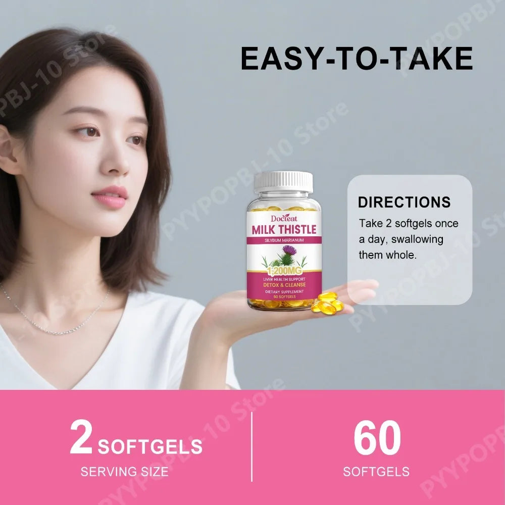 Docteat Milk Thistle Dandelion Softgels 1200mg 60 CT Supports Daily Wellness Natural Liver Metabolic Support Non-GMO