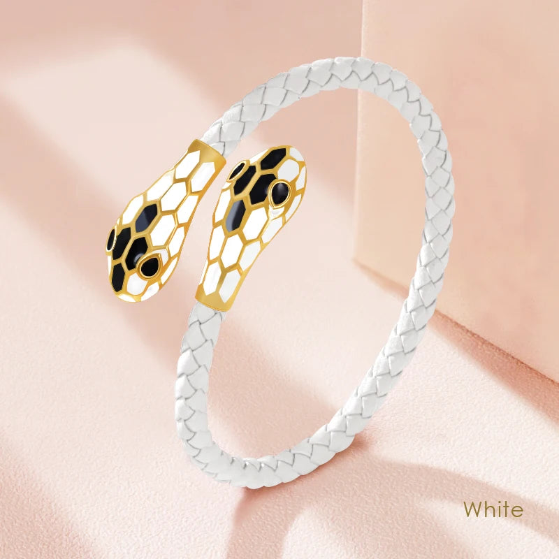 MOONLIGHT Classic Style Double Snake Head Cuff Bangles for Women Genuine Braided Leather Bracelets Female Fashion Jewelry Gifts