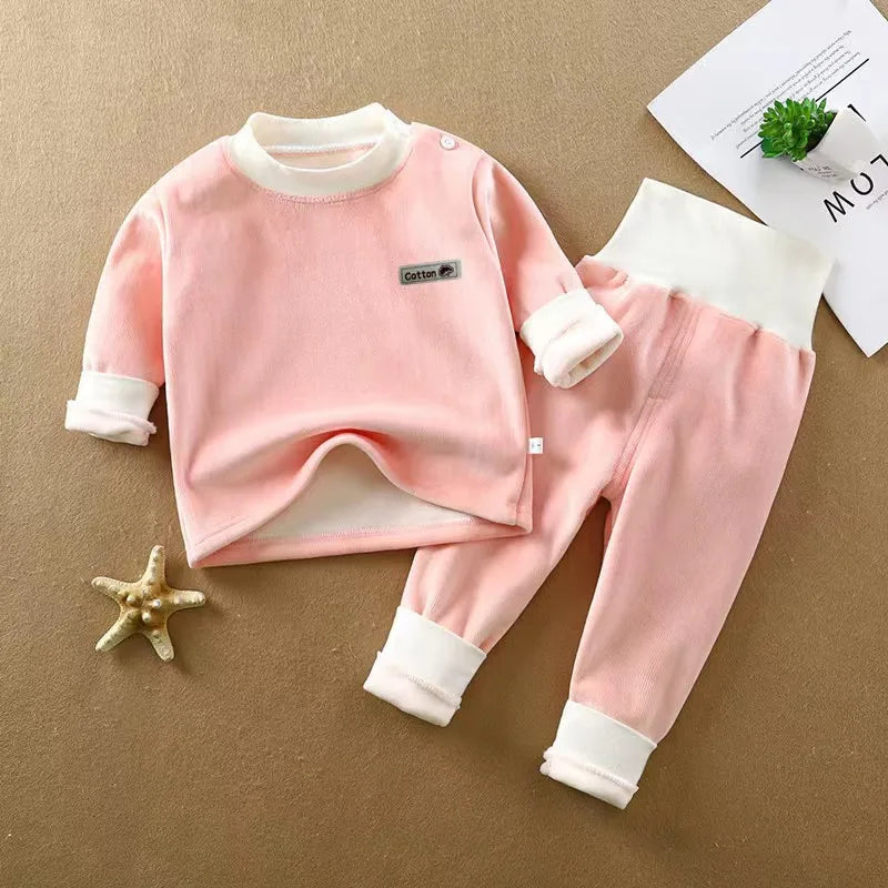 Unisex Kid's Fleece-Lined High Neck Top & Pants Set for Daily Wear
