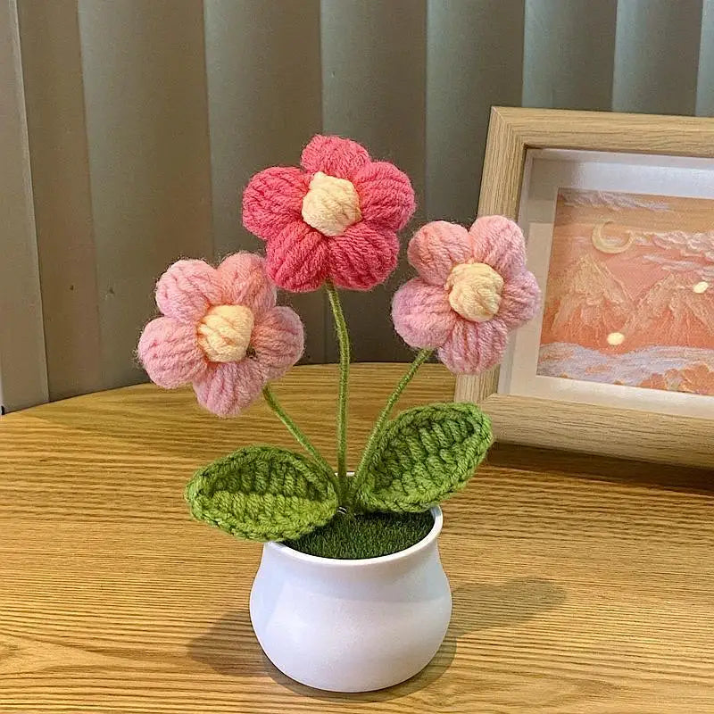Hand Woven Potted Flower Decoration | Knitted Sunflower Bouquet