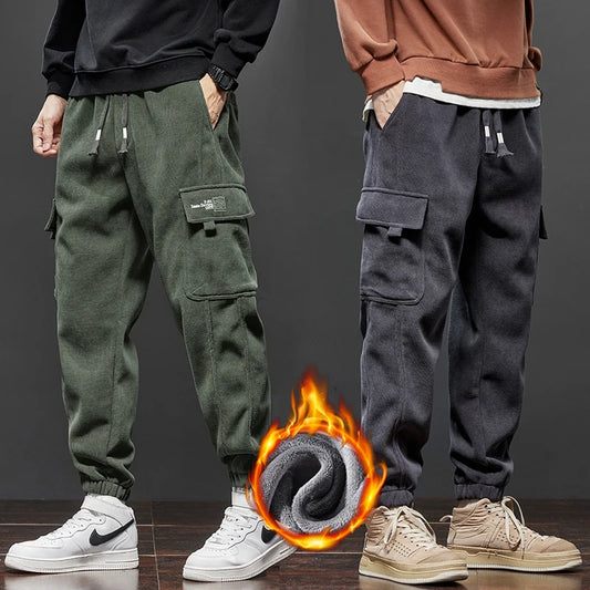 Winter Fleece Warm Men’s Corduroy Jogger Pants Thick Loose Cargo Harem Trousers Velvet Plush Casual Sweatpants