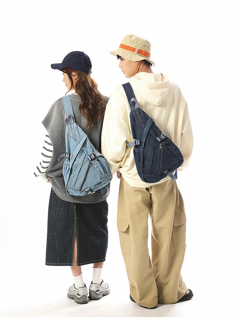 Vintage Washed Denim Sling Bag Man Woman Multifunction Retro Large Capacity Portable Motorcycle Chest Bag