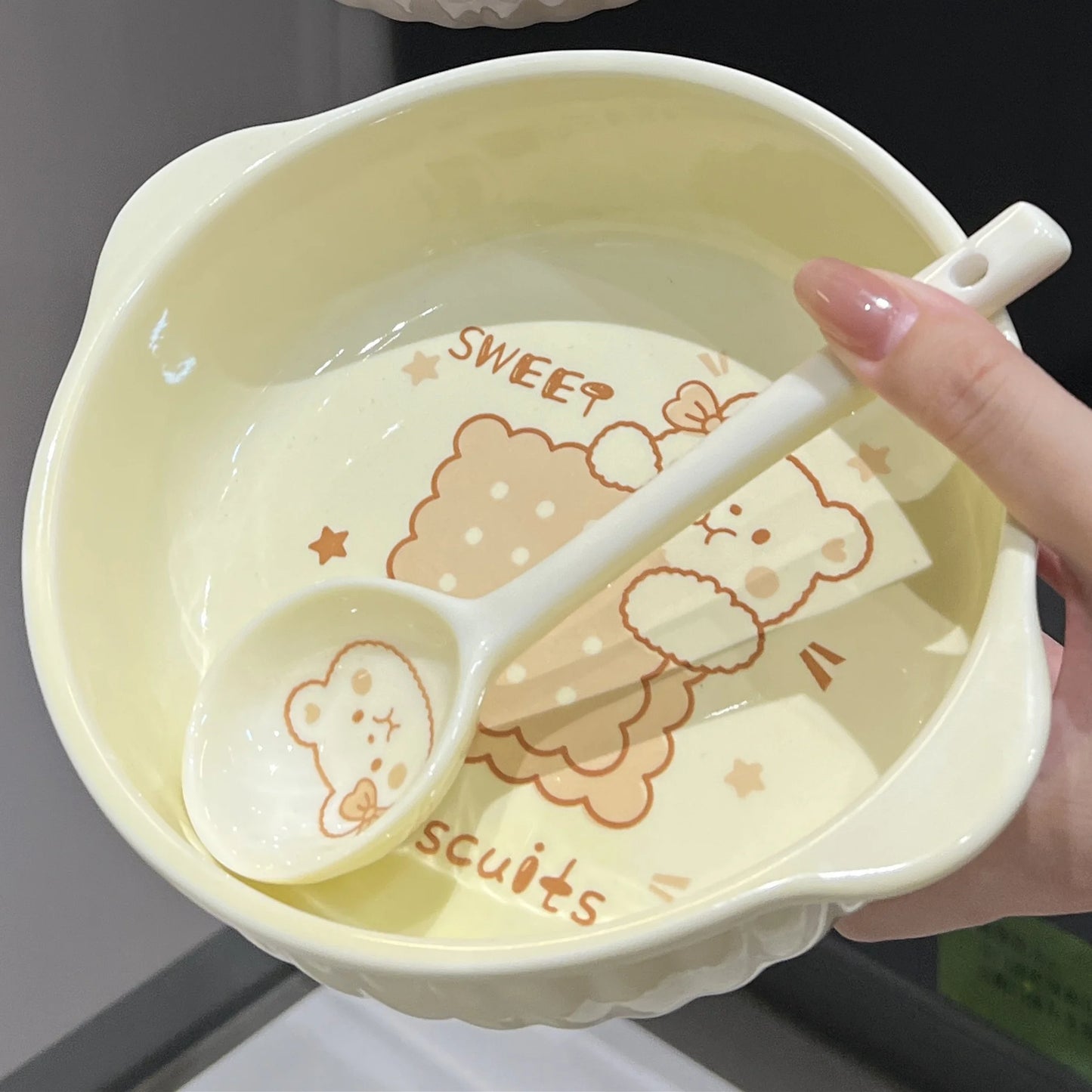 Large-Capacity Ceramic Bowl Set with Handles & Spoon for Kitchen
