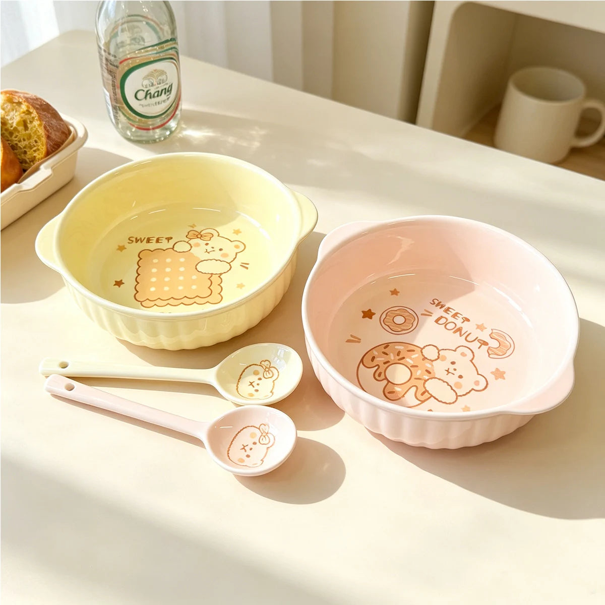 Cute Cartoon Bear Rabbit Ceramic Bowl with Spoon | Microwave & Dishwasher Safe