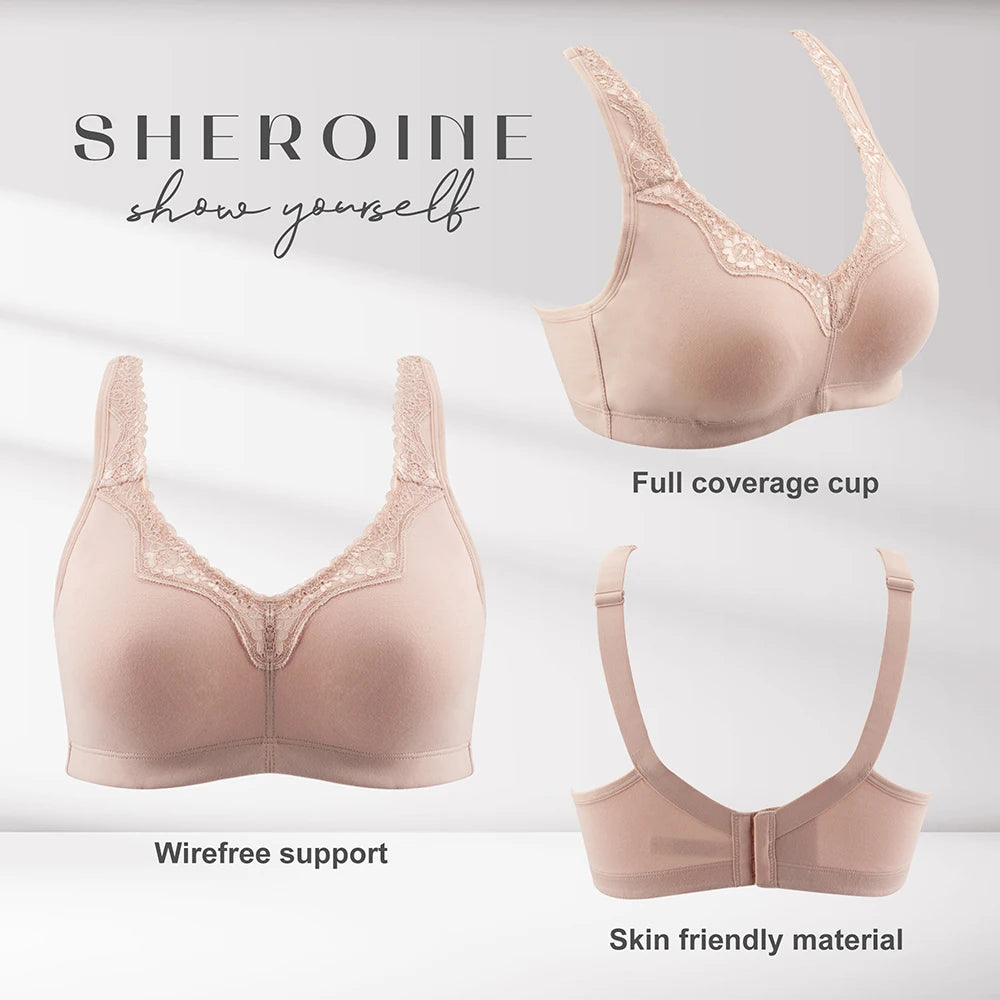 Women's Plus Size Floral Lace Wire-Free Cotton Bra for Comfort