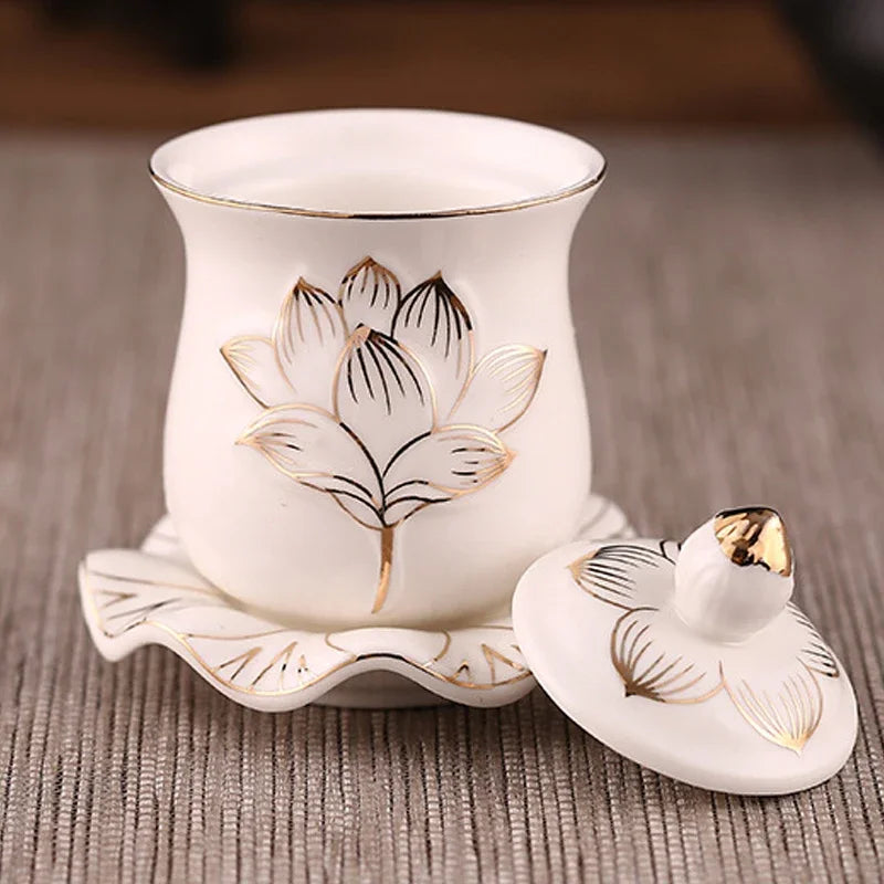 Lotus Cup Relief Ceramic Tea Cup | Elegant Guanyin Tea Set