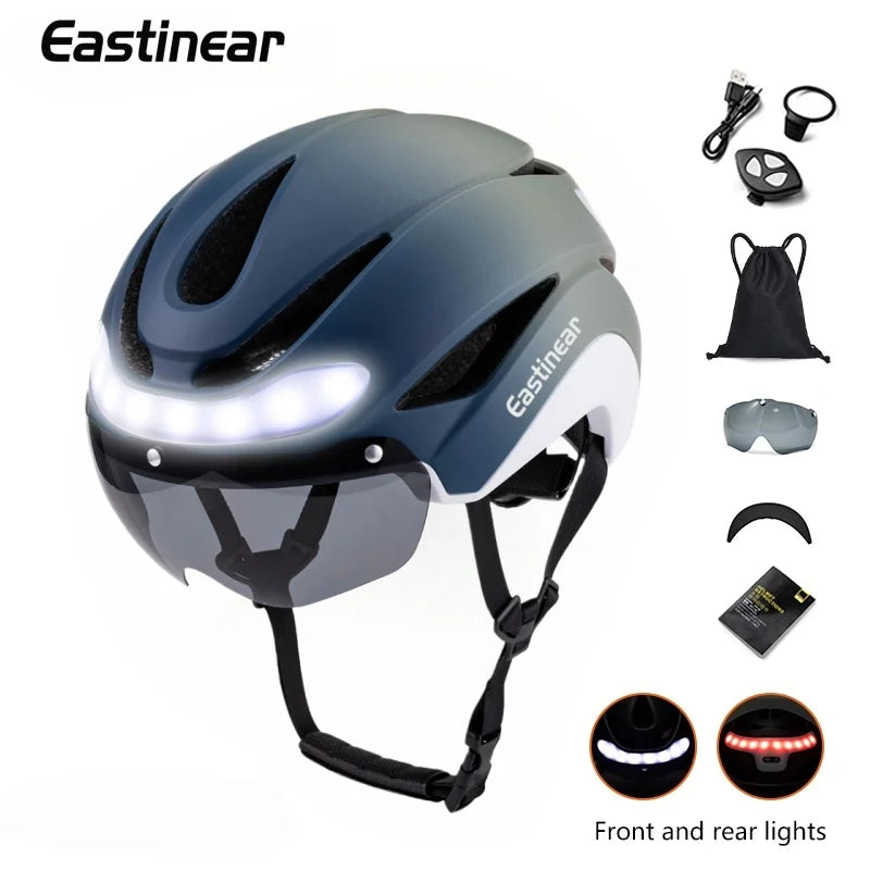 Ultralight Road Bicycle Helmet with LED Lights & Magnetic Goggles