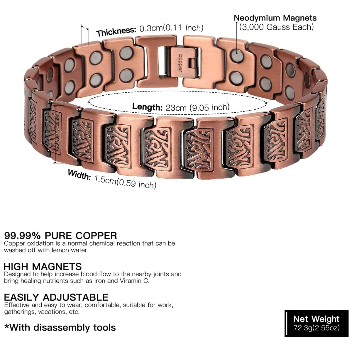 Magnetic Copper Bracelet for Men | Adjustable Link Jewelry Gift