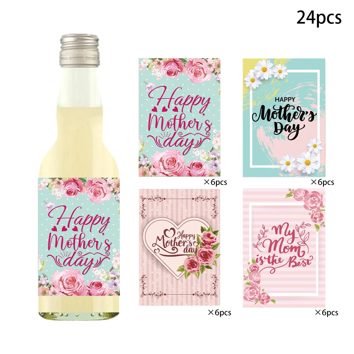 24pcs Mother's Day Wine Bottle Label Stickers | Floral Gift Decor