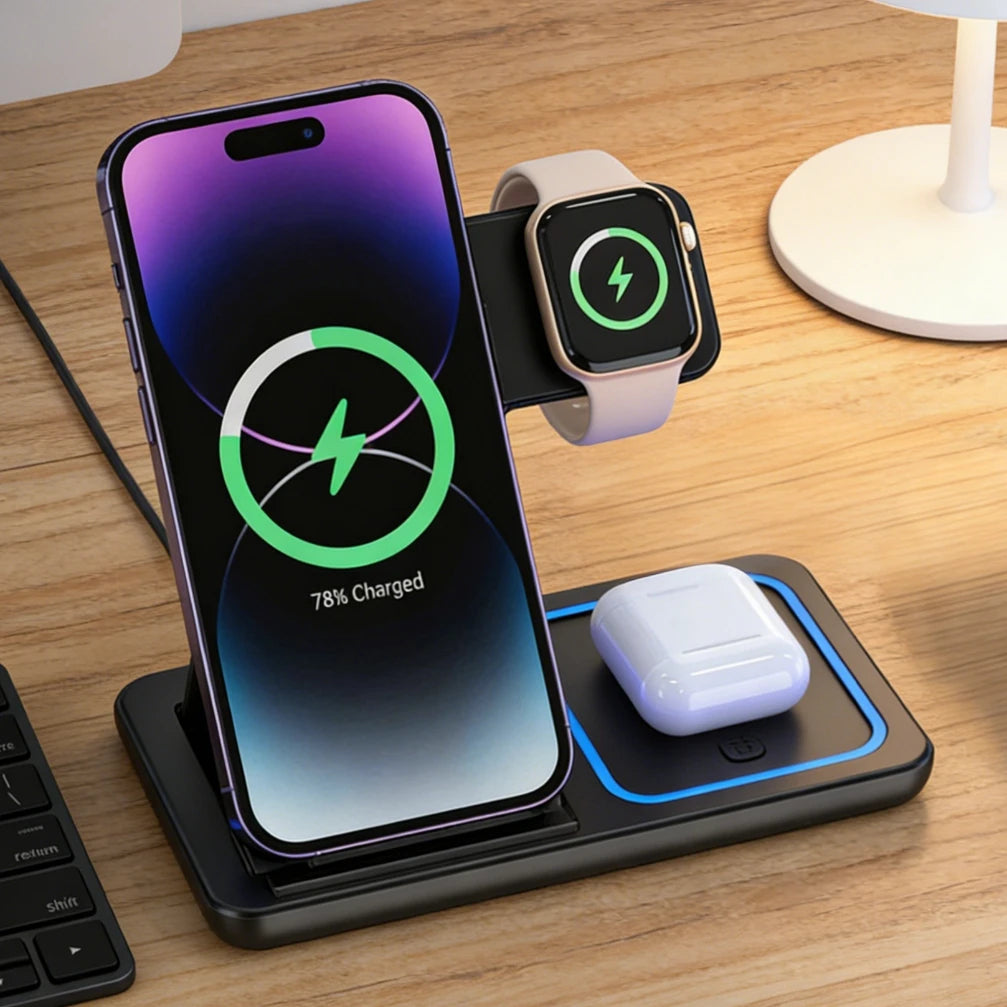 Foldable 3-in-1 Wireless Charging Station — 30W Fast Charging, Dual Coil Design, Portable Travel Stand with LED Light for iPhone 17 / 16 / 15 / 14 / 13 / 12, Apple Watch & AirPods