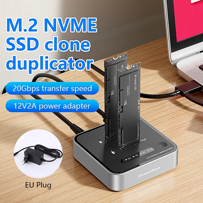 Dual-Bay M.2 NVMe SSD Cloning Dock | Fast USB 20Gbps Reader