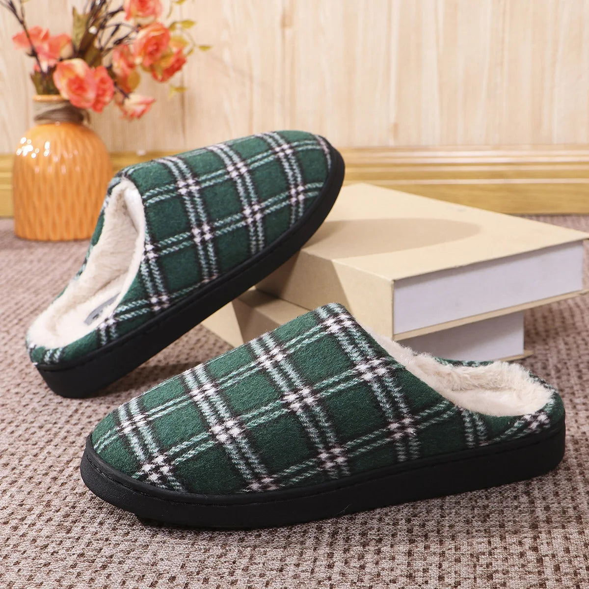 Men's Striped Plaid Fleece Slippers | Warm Cozy House Shoes