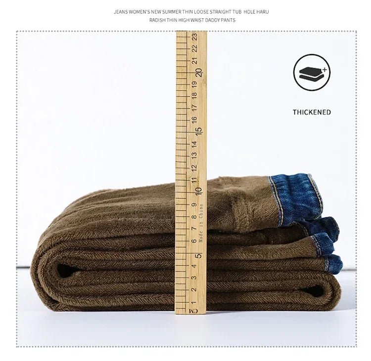 Women's Thickened Velvet Straight Jeans | Warm Fleece Pants