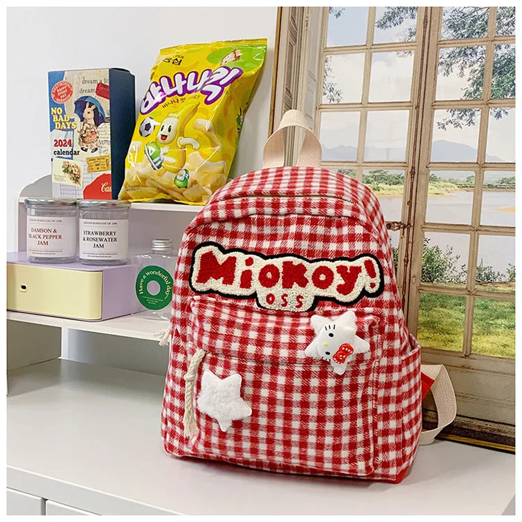 Stylish Girls Red Plaid Backpack | Large Capacity School Bag