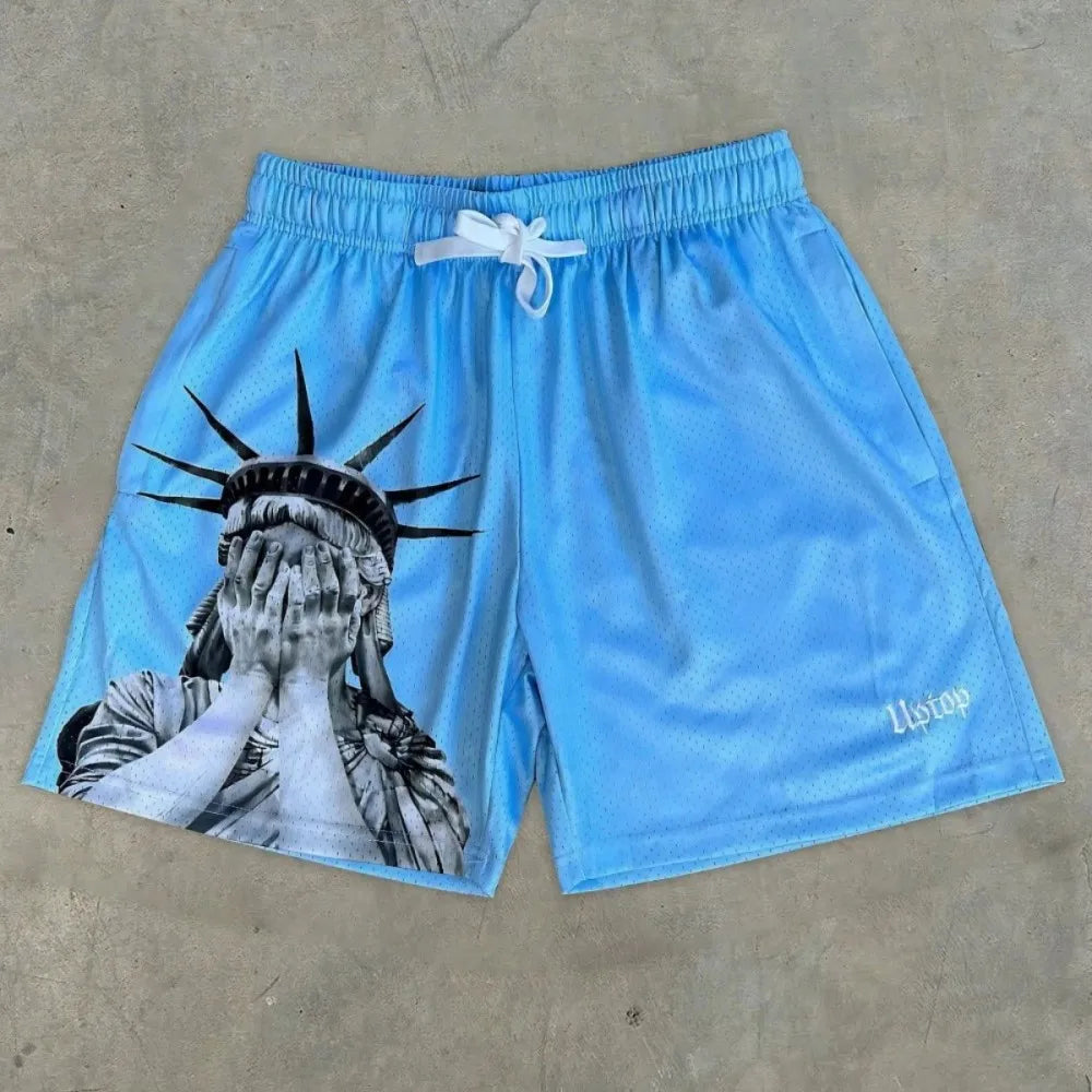 Men's Summer Statue of Liberty Print Drawstring Shorts
