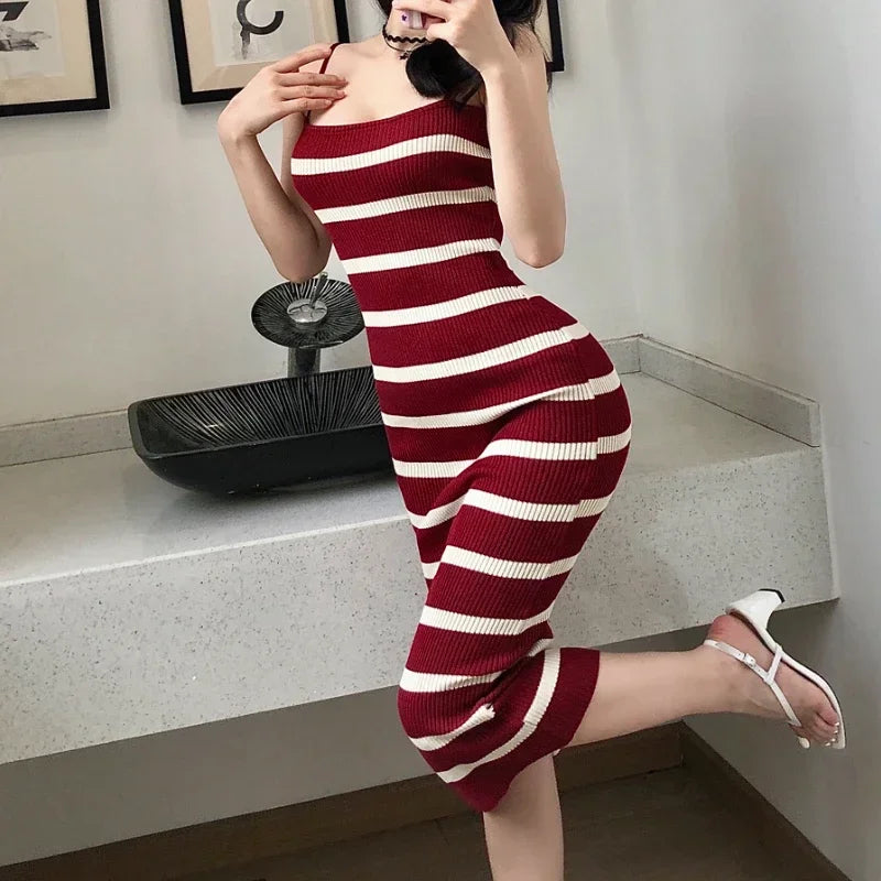 Summer Sexy Knitting Sleeveless Dress | Vintage Striped Bodycon Midi
