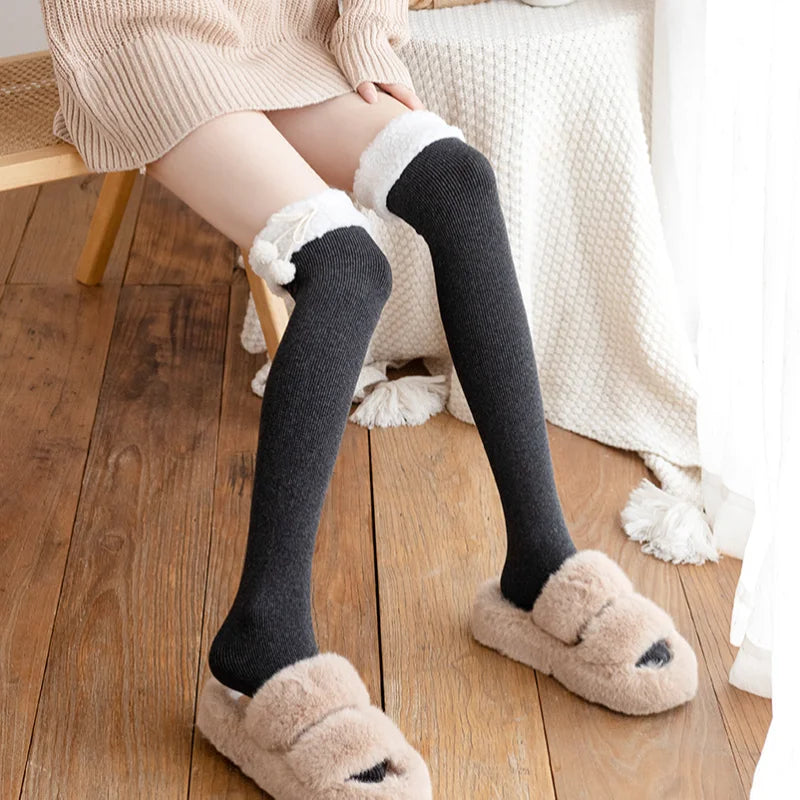 Cute Vertical Stripe Plush Tights | Cozy Kawaii Knee High Socks