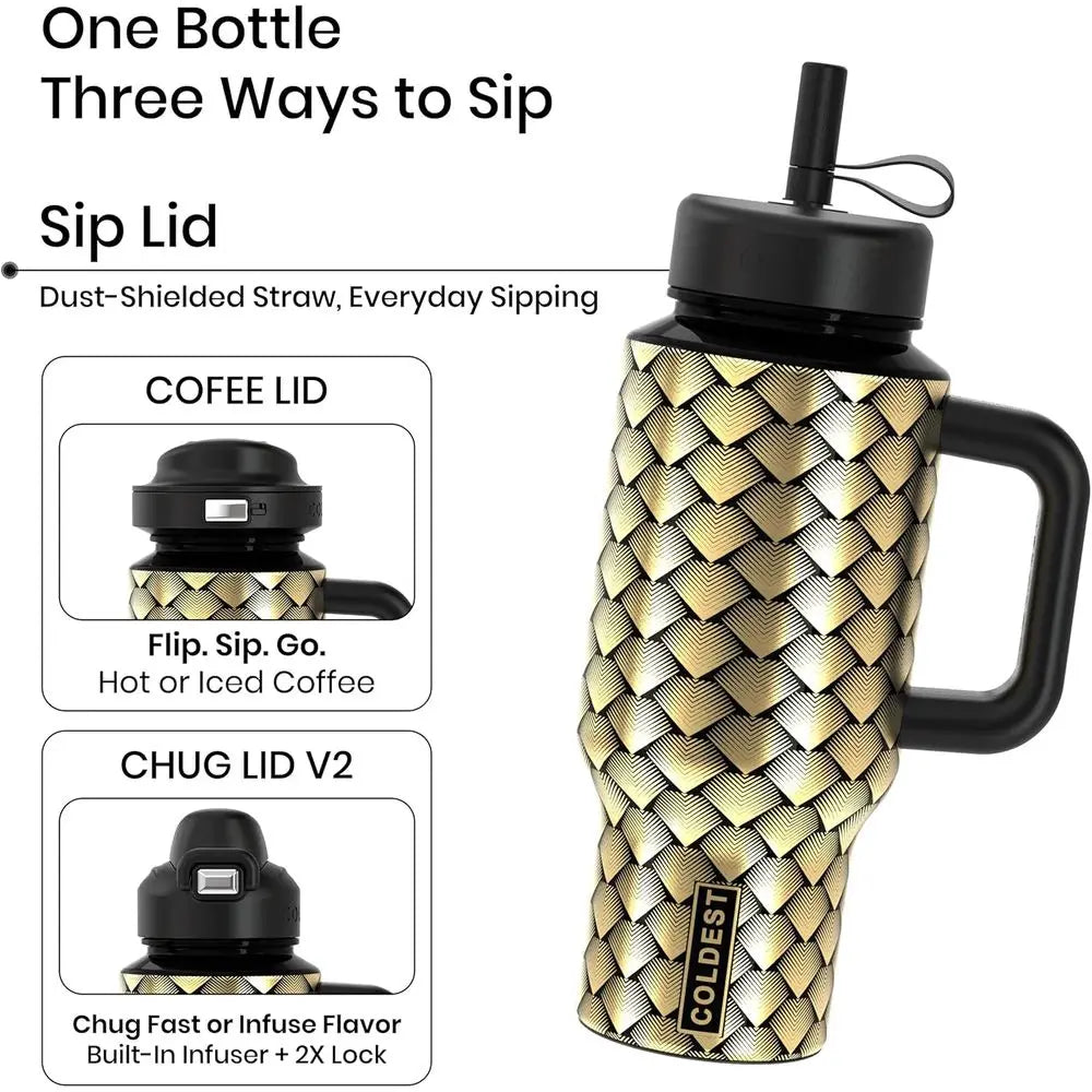 Stainless Steel Insulated Tumbler with Handle & 3 Leakproof Lids