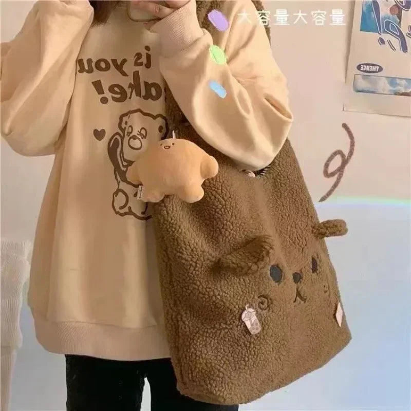 Winter Soft Plush Tote Bag for Women | Stylish Cartoon Embroidery