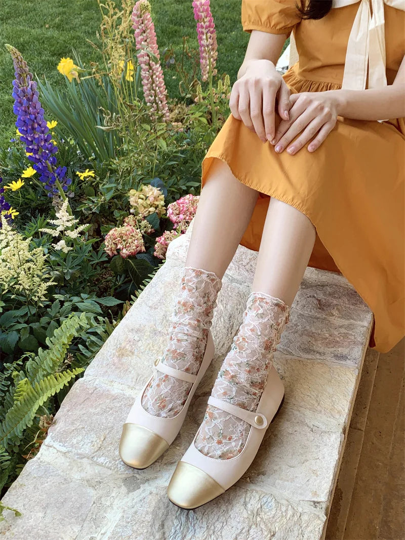 Stylish Korean Lace Flower Long Socks for Women | Breathable Comfort