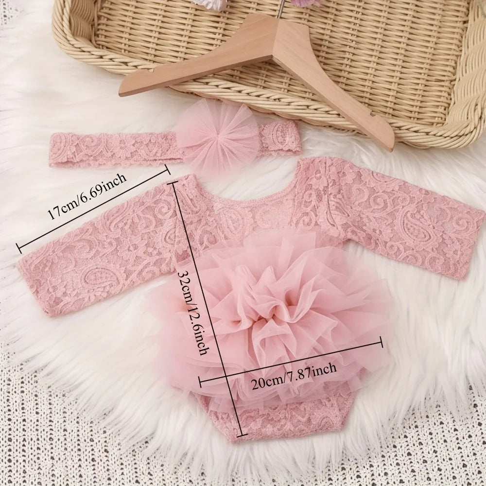Adorable conjunto de diadema de encaje con flores y pelele para recién nacido para sesiones de fotos
