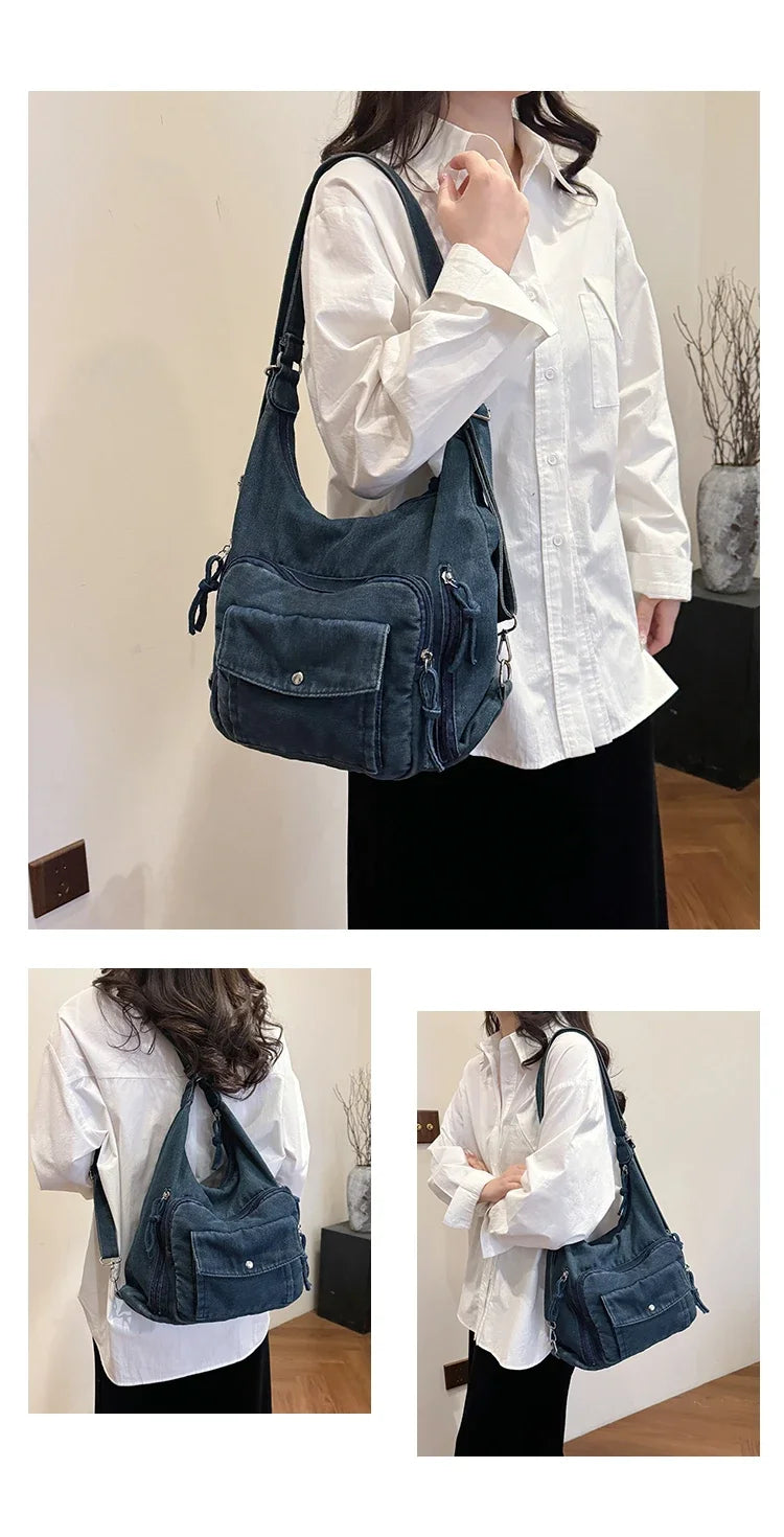 Trendy Solid Color Denim Shoulder Bag | Versatile Women's Crossbody