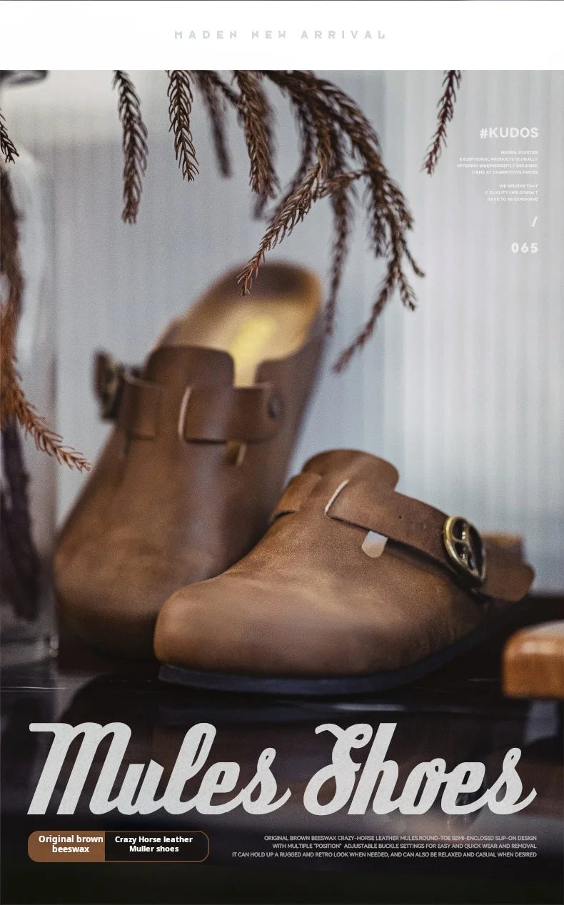 Men's Vintage Brown Leather Mules | Comfortable Slide-On Slippers