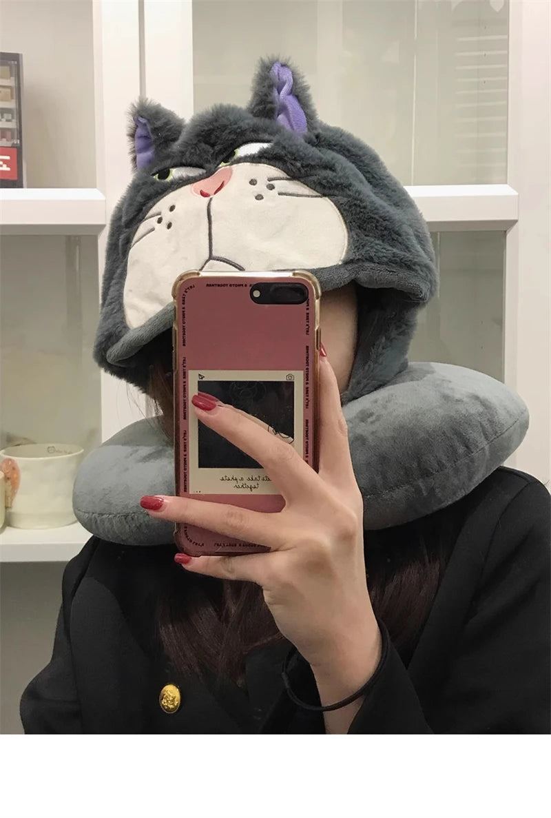 Kawaii Cat U-Shaped Neck Pillow | Cozy Hooded Travel Companion
