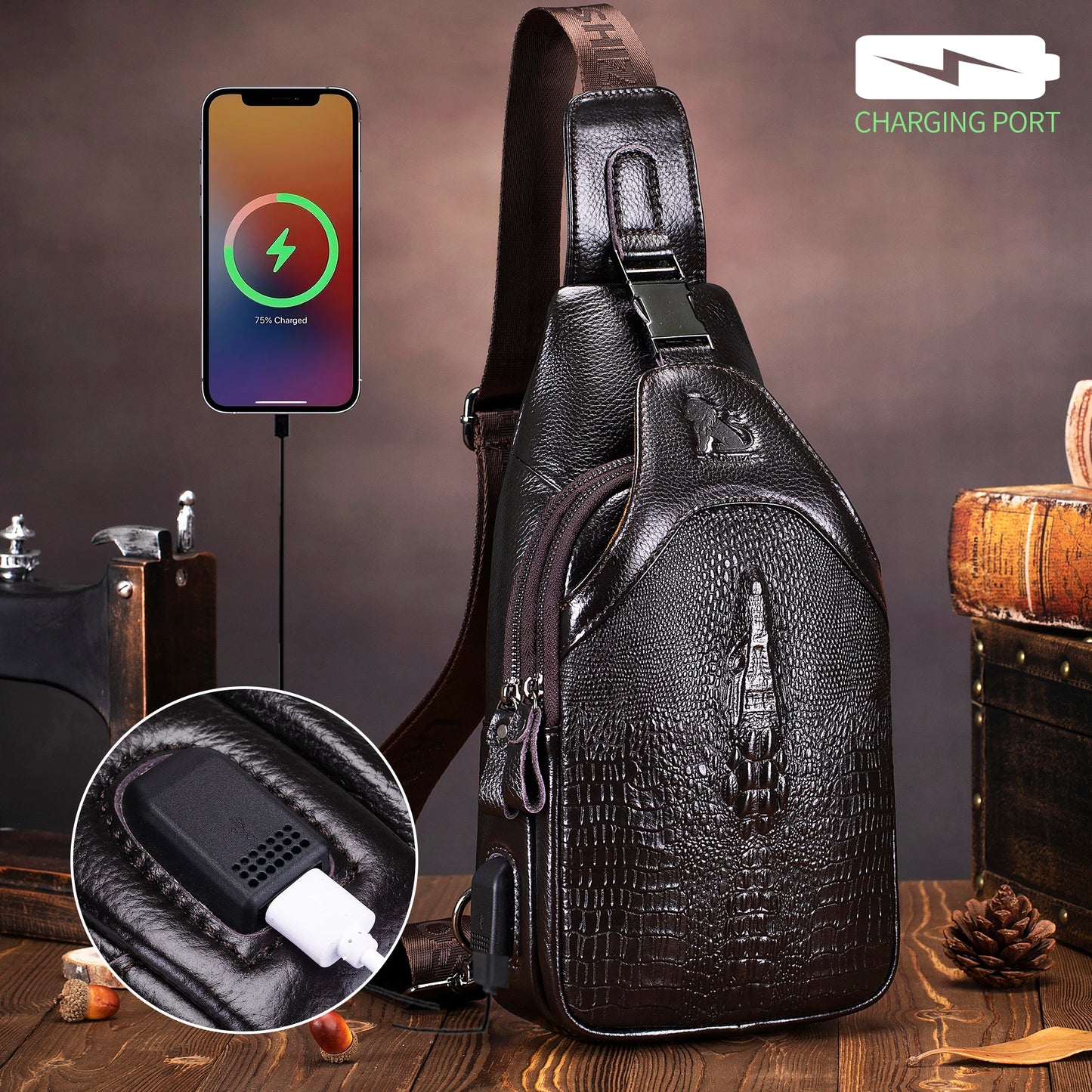 Men's Leather Crossbody Chest Bag | Multifunctional USB Bag
