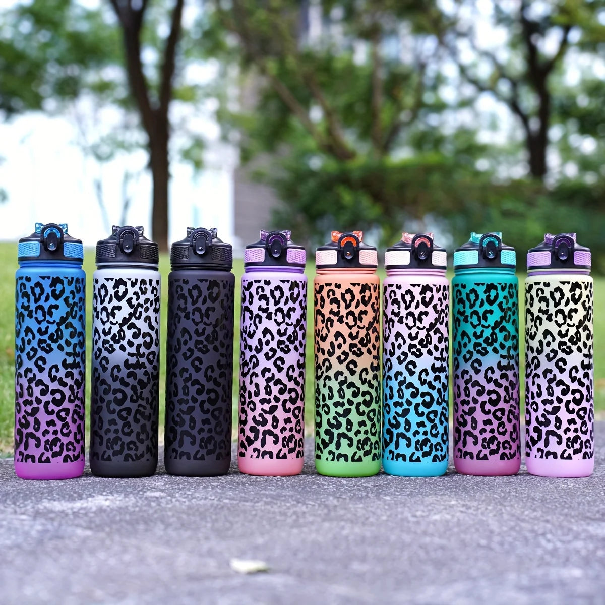 1 Liter Large Capacity Leopard Print Plastic Cup Leak Proof Sports Water Bottle Drink Items Outdoor Travel Portable Gym Bottle